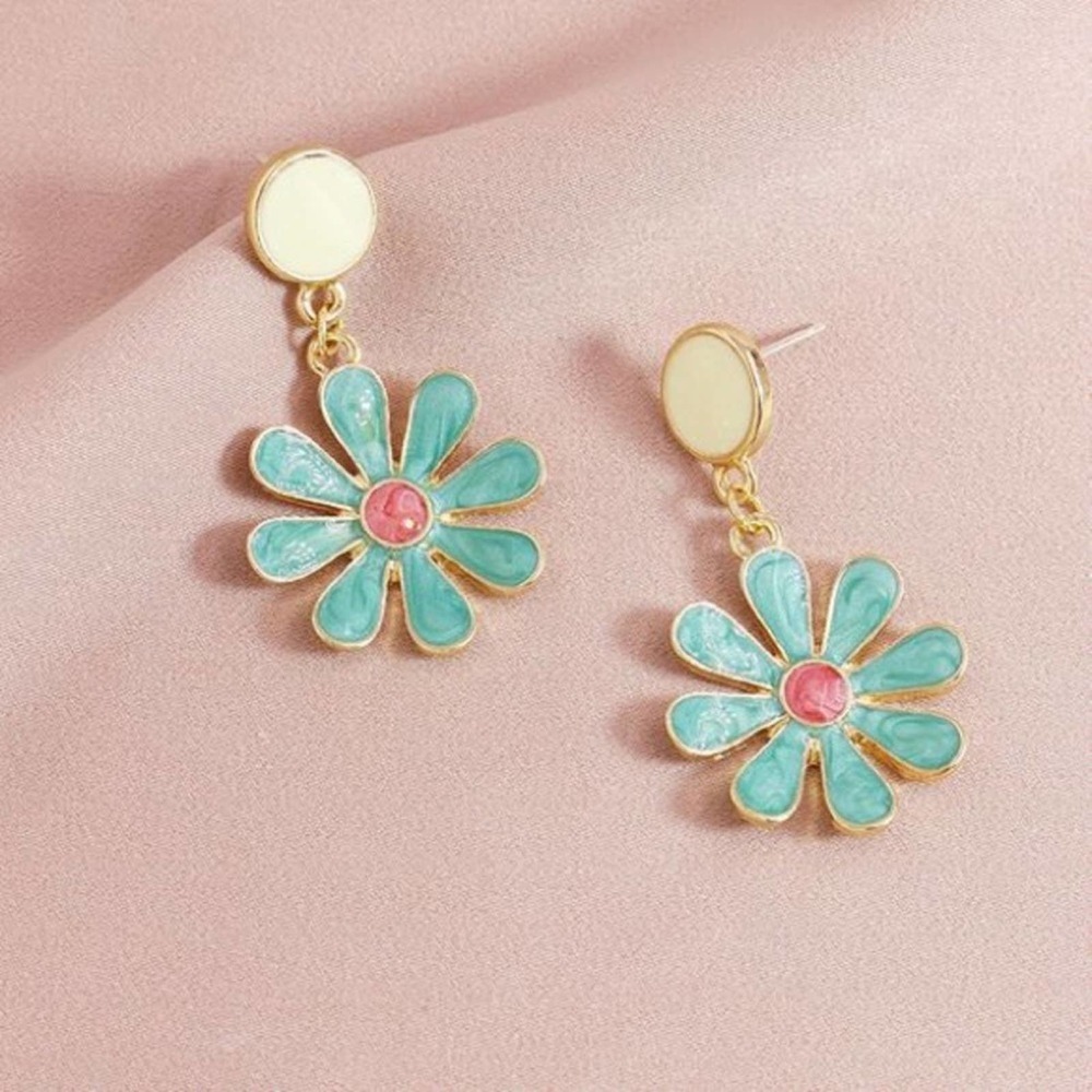 Gold & Teal Blue Flower Drop Earrings